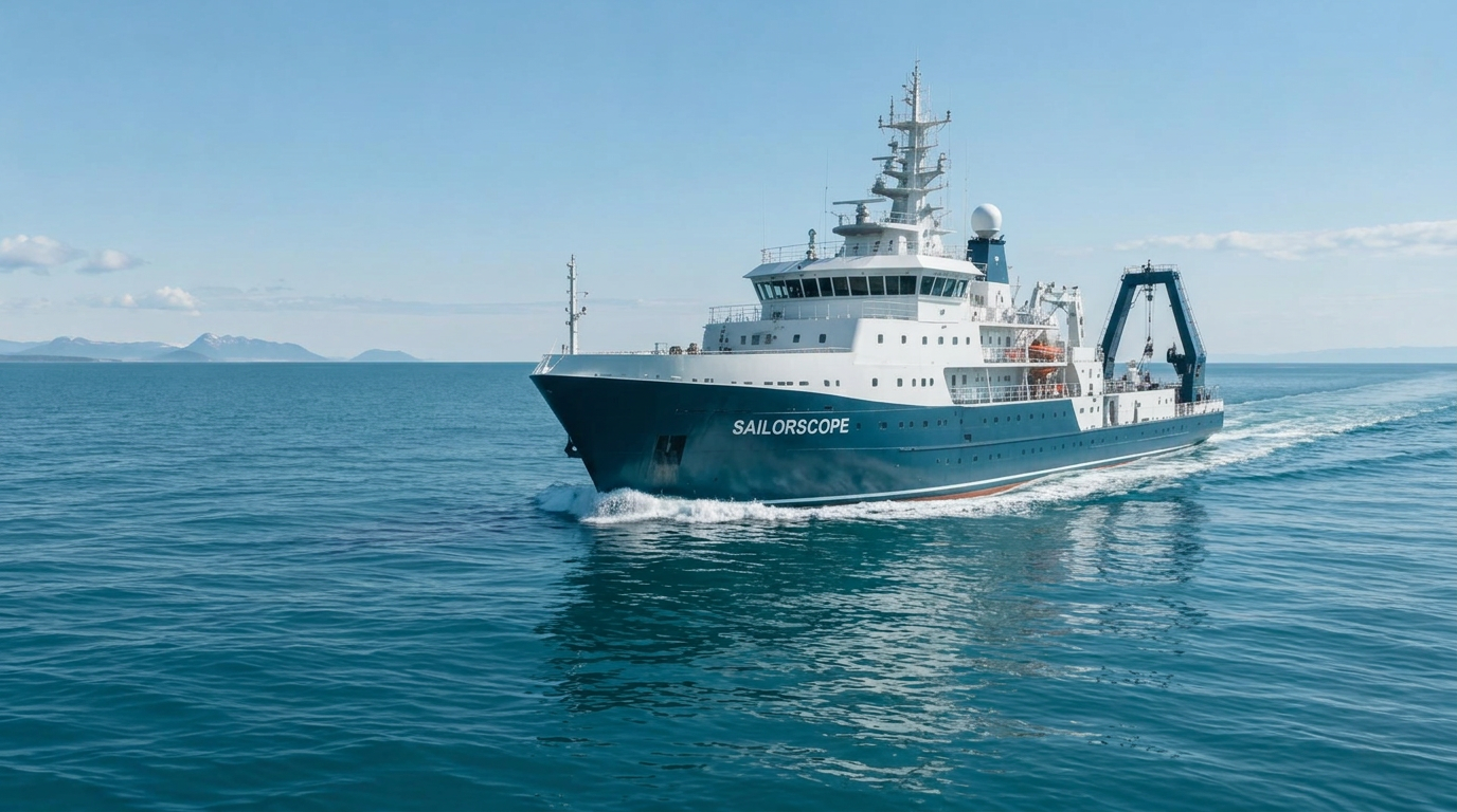 Sailorscope research vessel sailing with a white bow wave and trailing wake, its name painted on the hull